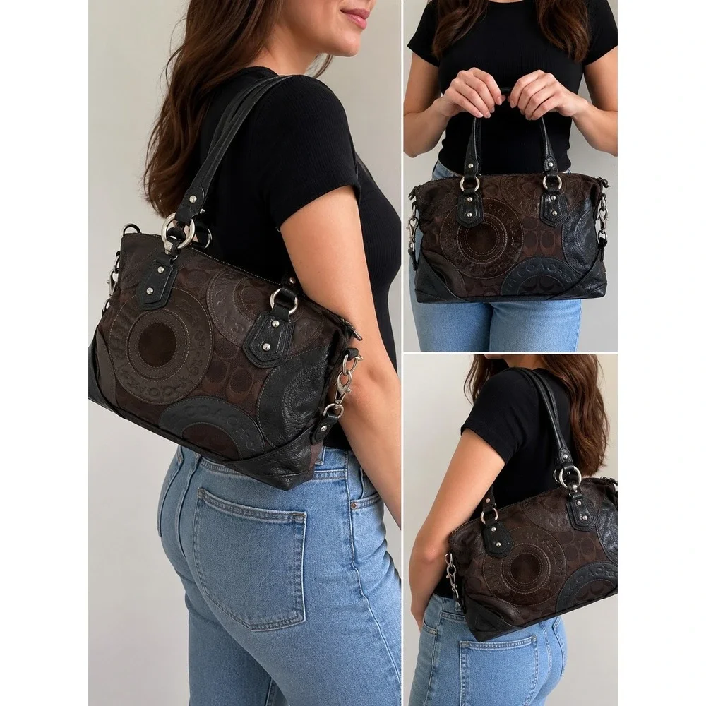 Coach Signature Patchwork Satchel Brown Jacquard Black Leather Shoulder Bag...